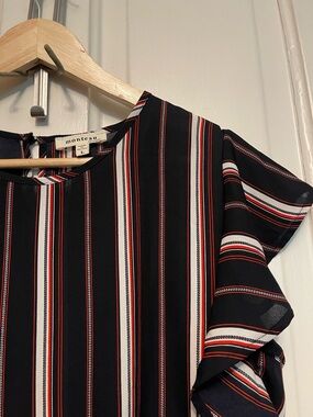 Monteau Navy, White & Red Striped Ruffle Tie-Front Blouse